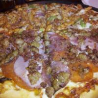 BBQ Chicken Pizza · A smoky barbecue sauce, mesquite grilled chicken breast, sweet red onions, green bell pepper...