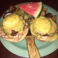 Crab Cake Benny · With crab cakes.