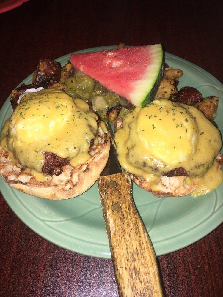 Crab Cake Benny · With crab cakes.