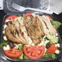 Grilled Chicken Greek Salad · This famous salad consists of grilled chicken, romaine lettuce,
feta cheese, olives, tomato...