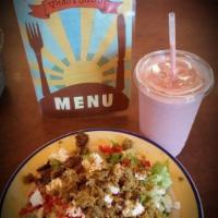 Greek Salad · Romaine lettuce, cucumbers, tomatoes, bell peppers, onion, olives and feta cheese, served wi...