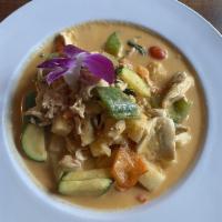 Pineapple Curry · Pineapple cooked in Thai red curry & Thai spices with coconut milk, zucchini, green & red pe...