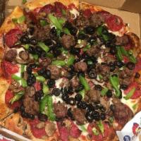 Combination Pizza · Tomato sauce, mozzarella cheese, salami, pepperoni, fresh mushrooms, green peppers, black ol...