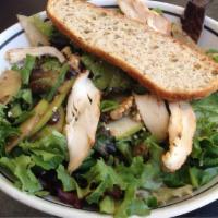 Harvest Salad · Mixed greens, grilled chicken, sweet crisps*, bleu cheese, walnuts, apple, dried cranberries...