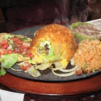 Stuffed Avocado · 1/2 avocado and stuff it with cheese and your choice of meat, lightly battered and fried.