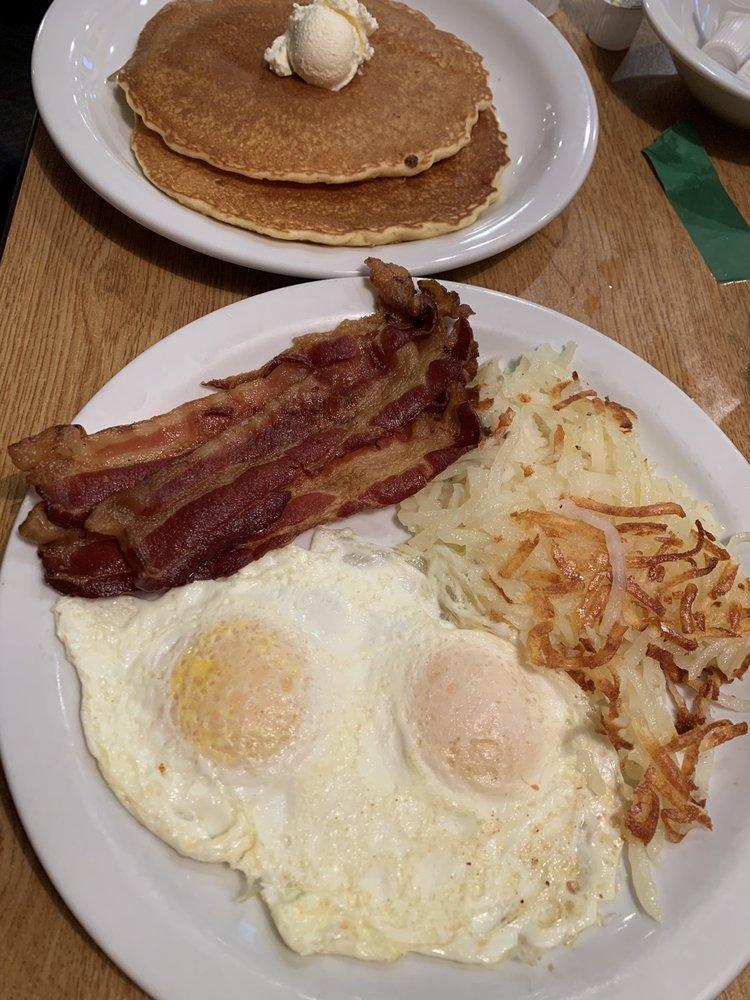 Our Famous Hearty Breakfast · 2 eggs any style with buttermilk pancakes, choice of bacon, ham or sausage and choice of sides.