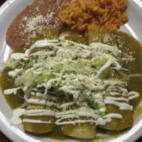 Enchiladas Verdes · Choice of steak, chicken or cheese topped with green chile sauce, lettuce, sour cream and qu...