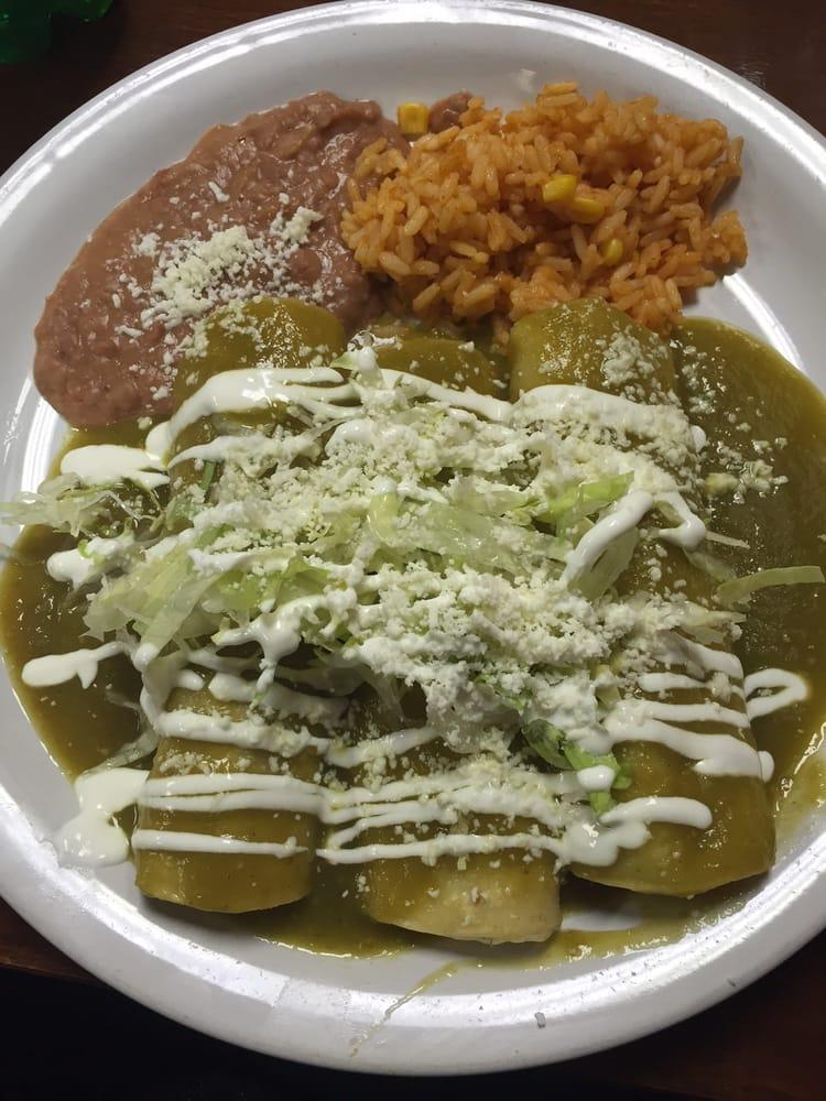 Enchiladas Verdes · Choice of steak, chicken or cheese topped with green chile sauce, lettuce, sour cream and queso fresco.