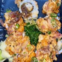 8 Piece Matsu Roll · Kani tempura, masago, spicy tuna, salmon, yellowtail and tempura crunchy and seaweed salad. ...