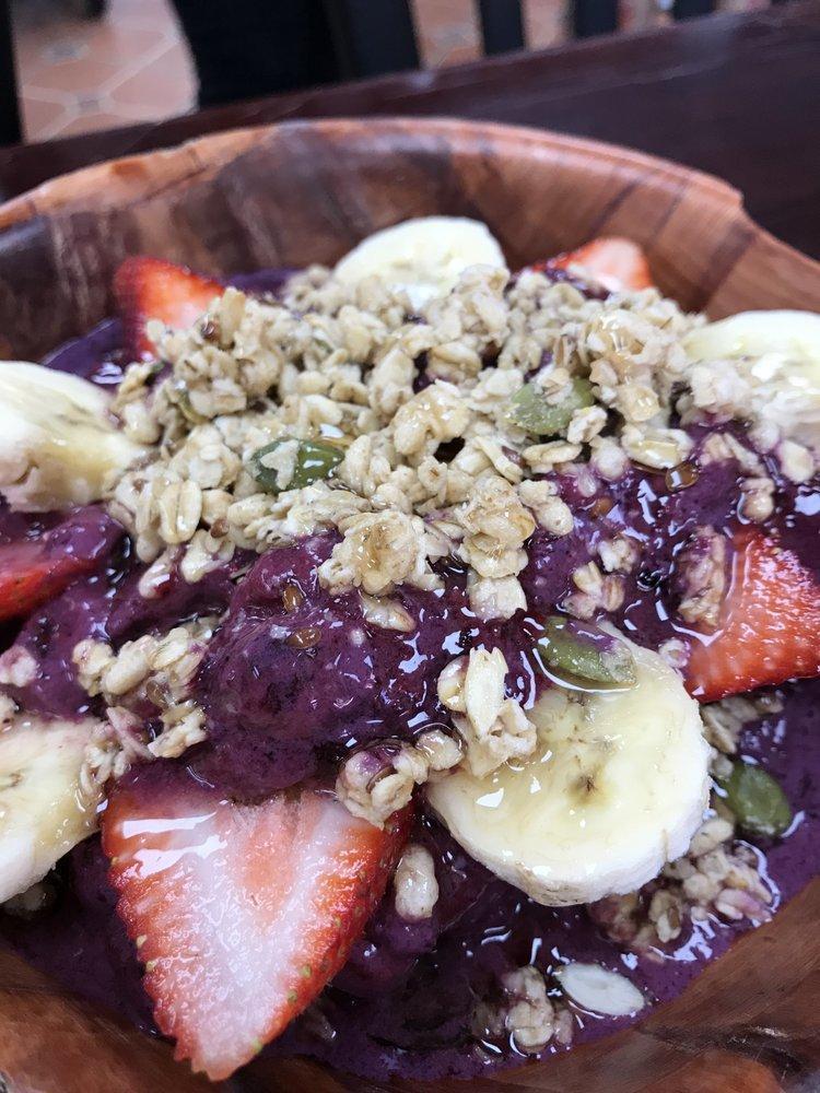 Acai Bowl · Acai, banana, strawberry, berries, Apple Juice , granola, and honey.