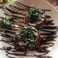 Tomato Caprese Salad Dinner · Fresh sliced and seasoned beef steak tomato, Buffalo mozzarella, fresh basil, balsamic reduc...