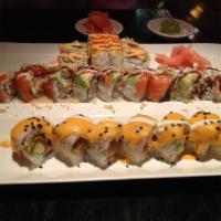 Trust Me Roll · Thinly sliced yellowtail on top of a spicy tuna roll covered in spicy mayo and wasabi mayo t...