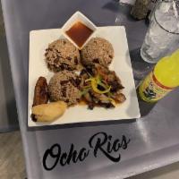 Jerk Pork · Sweet, spicy pork cooked on a charcoal grill.  Served with your choice of 2 side items, plan...