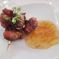 Bacon-wrapped Dates · Dates stuffed with goat cheese, bacon, orange marmalade
