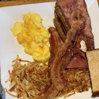 3 Egg Meat Lover's Breakfast Platter · Served with 3 meats bacon, sausage, and ham.