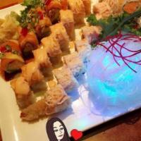 Dynamite Roll · Spicy crunchy yellowtail and spicy crunchy tuna inside. topped with spicy crunchy crab salad...