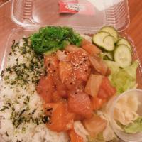 Poke Bowl · rice, salad, miso soup, seaweed salad ,cucumber salad, avocado