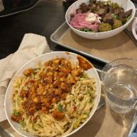 Spicy Thai Chicken & Rice Noodles Salad · Nappa cabbage, spicy Thai rice noodles, spicy chicken, peppers, scallions, sesame Sriracha s...