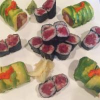 Magic Roll · Spicy tuna, salmon and kani with ginger, wrapped in avocado, no rice, no seaweed with spicy ...