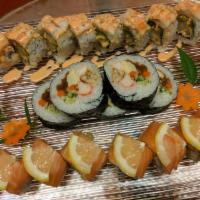 Crunch Roll · Inside: tempura flakes with masago and aioli. Outside: shrimp.
