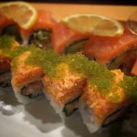 Super Crunch Roll · Inside: shrimp, smoked salmon, crab stick and avocado mixed with Japanese aioli. Outside: sm...