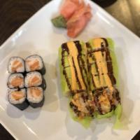 Green Bamboo Roll · Spicy tuna, avocado, cucumber and shrimp tempura rolled with green soy paper.