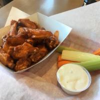 Buffalo Wings · Served with crunchy celery and carrot sticks with chunky bleu cheese dip or creamy ranch dip.
