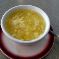 Egg Flower Soup · Velvety broth with chicken,water chestnut, celery, peas, carrot and egg.