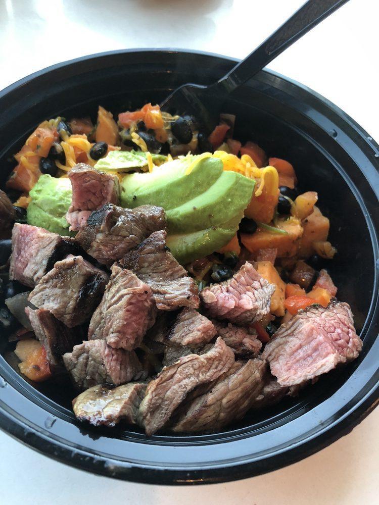 Southwest Bowl · Certified Angus beef steak, tomatoes, red peppers, low-fat Cheddar cheese, black bean salsa, and avocado.