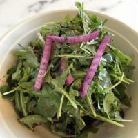 Roasted Beet Salad · Organic baby arugula, fresh dill, red onion, Manouri Cheese, extra virgin olive oil and lemon.