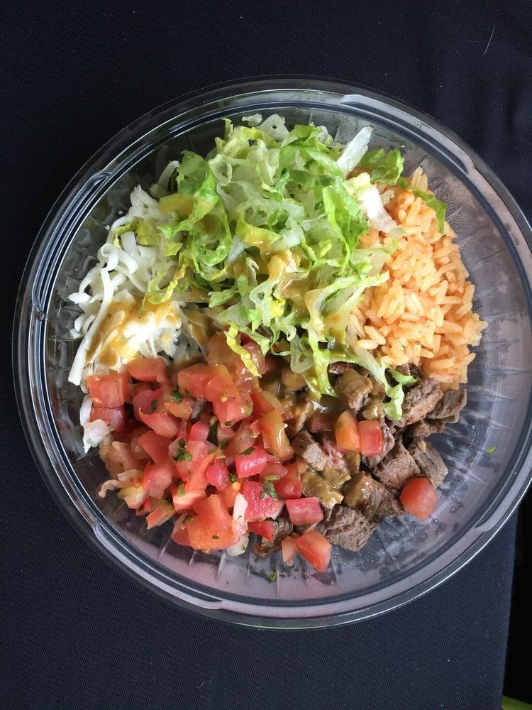 Bare Burrito in Bowl · Served in a bowl with rice, lettuce, cheese, pico de gallo, black or pinto beans, hot or mild salsa.