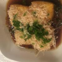Agedashi Tofu · Deep fried tofu topped with grated daikon radish, grated ginger, scallions, dried fish flake...