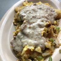 The Original Garbage Plate · Shredded hash browns, green pepper, onions, jalapeno peppers, 3 eggs and choice of meat smot...