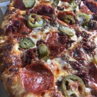 Mexican Pizza · Pepperoni, chorizo, meatball and jalapeno.