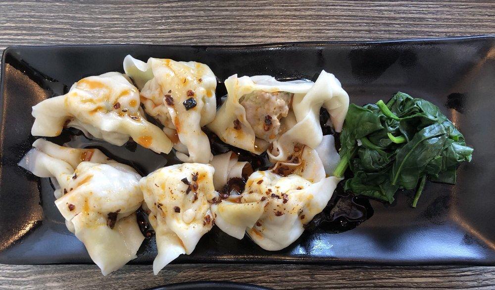 6 Pieces Spicy Wontons · Homemade wontons filled with pork, green onions and ginger. Served with homemade chili oil.