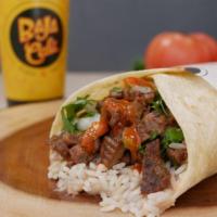 Asada Burrito · Carne Asada Burrito with Rice, Beans, Onion, Cilantro, and Salsa