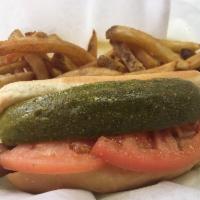 Chicago Dog · Mustard, relish, onion, tomato, sport pepper, celery salt and pickle spear.