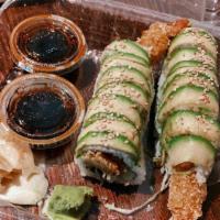 Dragon Roll · Shrimp tempura, cucumber, lettuce, and spicy mayo inside out topped with avocado finish with...