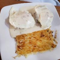 Country Benny · poached eggs & sausage patties on a fresh biscuit, smothered in country gravy.  served with ...
