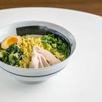 Chicken Shio · Dashi (chicken broth), tender chicken breast, sea salts, vegetables, shoyu tamago egg.