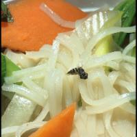 Veggie Pho · Broccoli, bok choy, mushroom, carrots, zucchini, onions and cilantro in savory vegetable bro...
