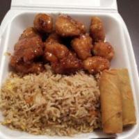 Orange Chicken Combo · Served with steamed rice and two vegetable rolls. 