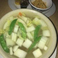 Wonton Soup · Shrimp, chicken, Napa cabbage, snap peas, carrots and freshly made chicken dumplings in a ch...