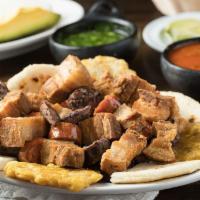 Picada · Chop platter with blood sausage, Colombian sausage, steak, pork rinds, white corn tortilla, ...
