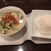 Green Curry · Green chili paste with coconut milk bamboo shoot, snap bean, bell pepper eggplant, and basil...