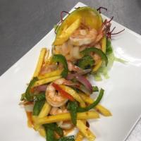 Thai Mango Shrimp · Red and green pepper, mango and onions.