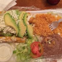 Flautas · Flautas of your choice served with sides of Rice, Beans, Salad, Sour Cream, & Salsa.