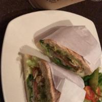 Chicken Pesto Sandwich · Chicken with our specialty pesto spread and alfalfa sprouts. Served with romaine, spinach, t...