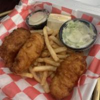 Fish and Chips · Three pieces of premium, Alaskan cod, hand-dipped in our house beer batter, flash-fried to a...