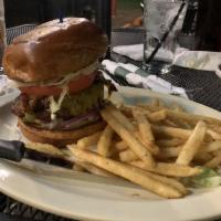 Beach Burger · Fresh 1/2 lb. patty with cheddar cheese, smoked bacon, tomato, lettuce, red onion, diced pic...